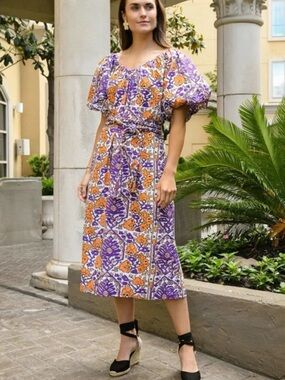 RHODE Augustina Purple & Orange Floral Midi Dress with Tie Waist & Puff Sleeves